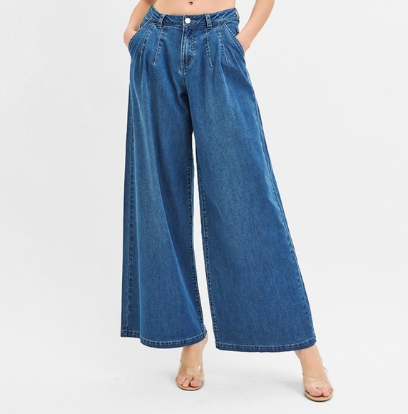 Risen Jeans Denim - RISEN Palazzo Baggy Mid-Rise Pleated Ultra Wide Oversized Leg Jeans Denim Pants